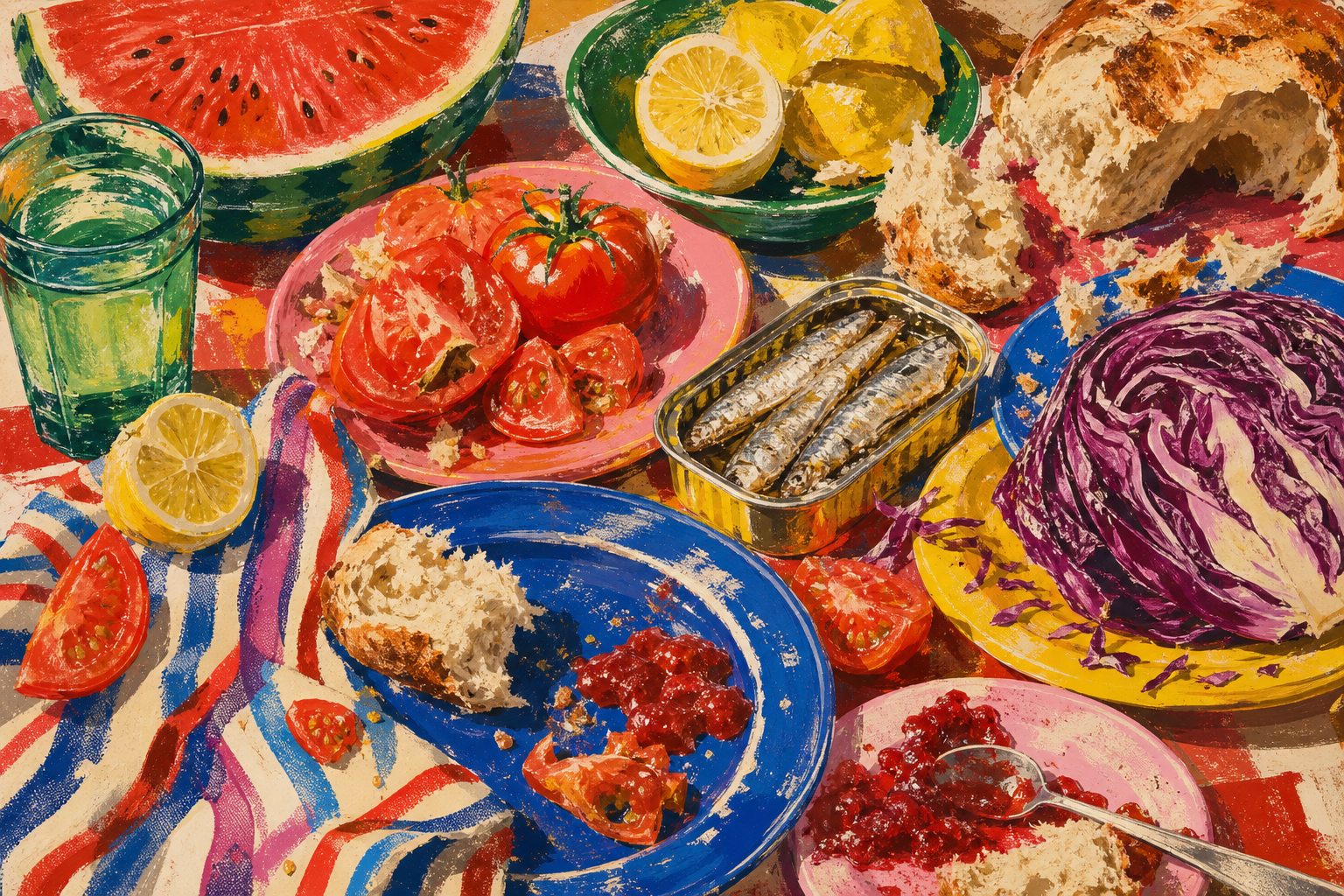 A saturated painted lunch table crowded with watermelon, lemons, tomatoes, sardines, bread, cabbage, jam, plates, and a green glass.